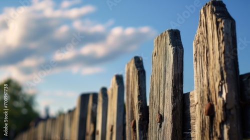 A close up view of a wooden fence with fluffy clouds in the background. This image can be used to depict a peaceful rural setting or to symbolize a barrier or boundary