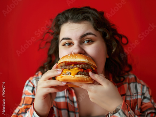 Very fat girl eats junk food  hamburger fries fast food overweight
