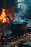 A simple and practical pot with a spoon placed on a table next to a warm fire. Ideal for cooking, camping, or cozy home scenes