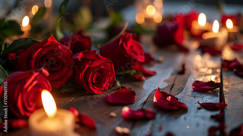 bouquet of red roses on wooden table - candles and rose petals - Love and valentine