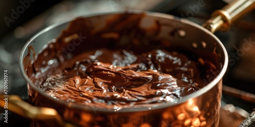 A pot filled with melted chocolate sitting on top of a stove. Perfect for recipes, baking, and sweet treats
