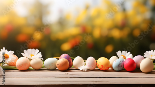 Festive Easter table: colorful eggs on wooden surface. Spring background out of focus, copy space