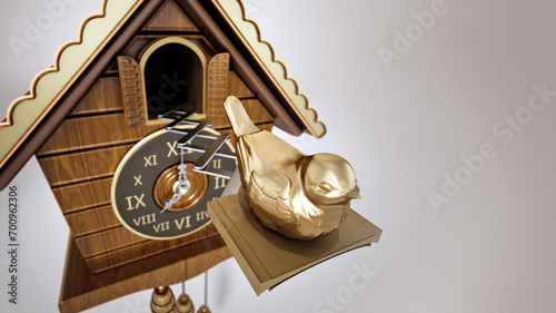 Vintage cuckoo clock with the golden bird chirping. 3D illustration photo