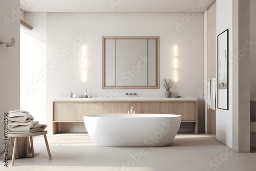 A modern classic minimalist bathroom featuring a freestanding bathtub  a minimalist vanity  and a large mirror  creating a luxurious and timeless space.