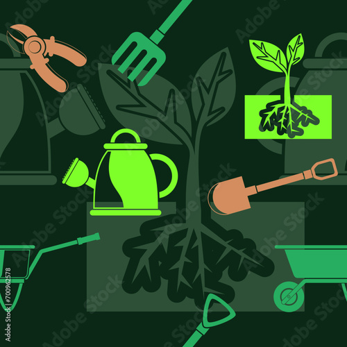Editable Vector of Flat Style Gardening Equipment Illustration Icons in Various Monochrome Color as Seamless Pattern With Dark Background for Gardening and Farming Related Purposes