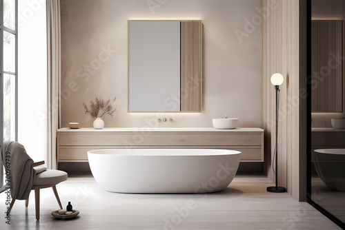 A modern classic minimalist bathroom featuring a freestanding bathtub, a minimalist vanity, and a large mirror, creating a luxurious and timeless space.