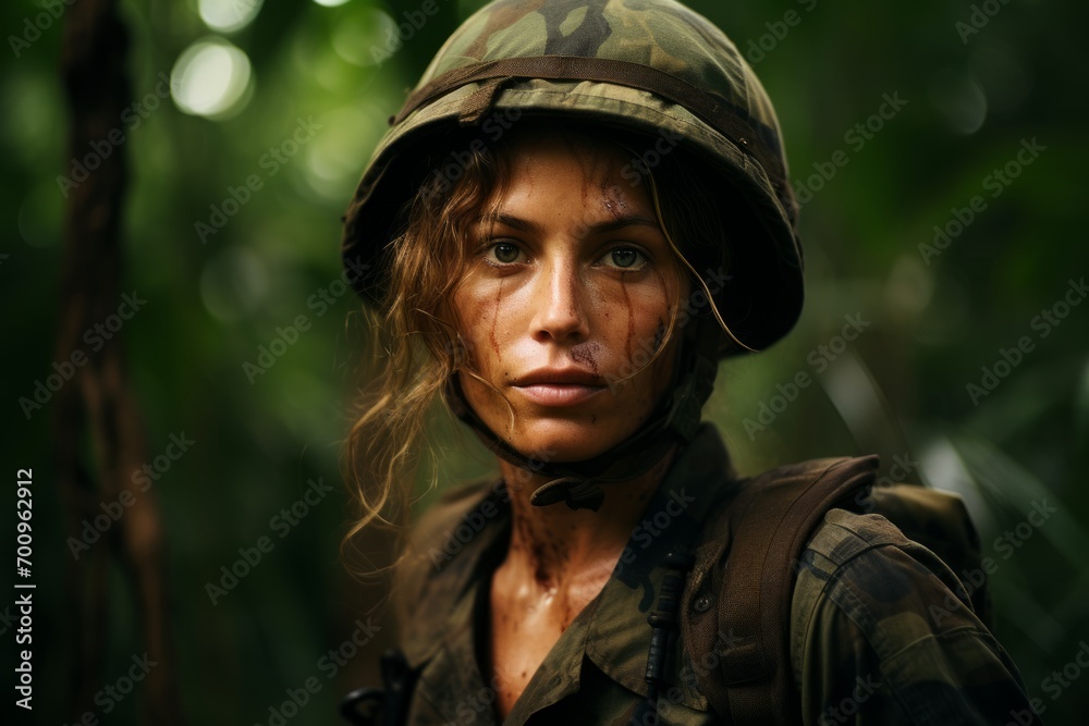 Portrait of a beautiful woman soldier in a military helmet and camouflage.