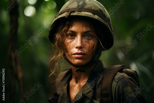 Portrait of a beautiful woman soldier in a military helmet and camouflage.
