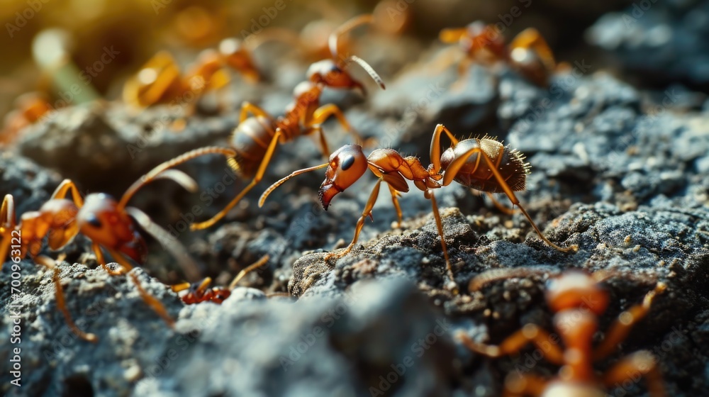 A group of ants can be seen walking on top of a pile of dirt. This image can be used to illustrate teamwork, nature, or small creatures in their natural habitat
