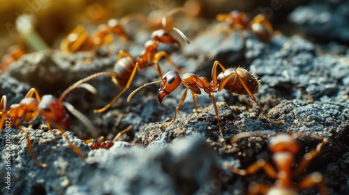 A group of ants can be seen walking on top of a pile of dirt. This image can be used to illustrate teamwork, nature, or small creatures in their natural habitat © Fotograf