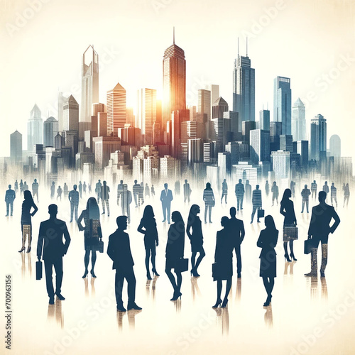 A creative city skyline with the silhouettes of businesspeople of diverse descents on a light backdrop  representing a concept of teamwork