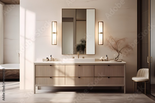 A modern classic minimalist bathroom with a double vanity, minimalist sconce lighting, and a large mirror, offering a sense of spaciousness.
