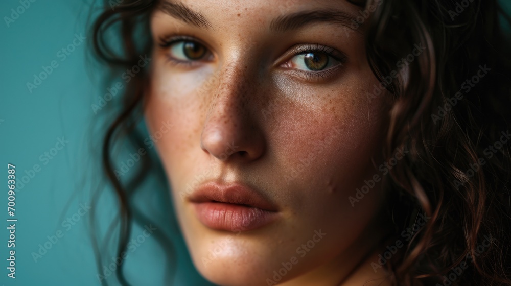 A close-up view of a woman with freckles on her face. Suitable for beauty and skincare related projects A close-up view of a woman with freckles on her face. Suitable for beauty and skincare related projects