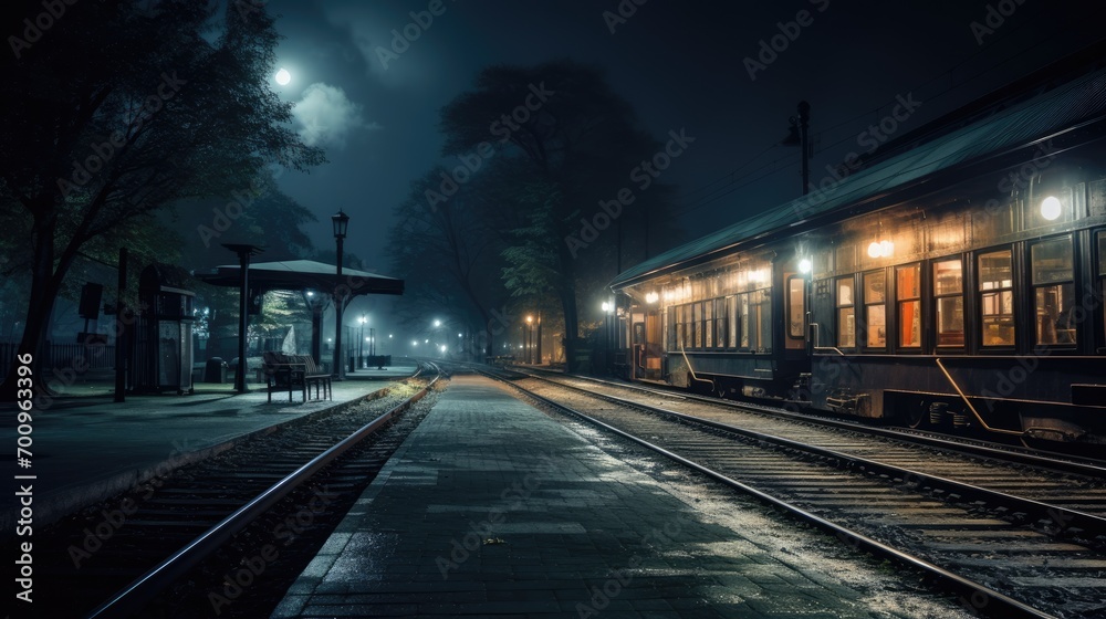 Passenger platform at night on the railway station. Train station at night. Passenger platform at night on the railway station. Train station at night.