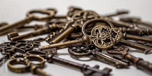 A bunch of keys sitting on top of a table. This image can be used to represent concepts such as security, access, home, or organization