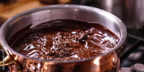 A pot of chocolate sitting on top of a stove. Can be used to depict cooking, baking, or making hot chocolate