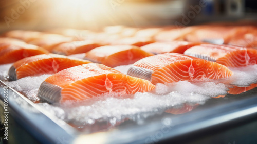 The detail of a fish salmon factory, processing line. Fish and food industry abstract. Salmon fillet on an industrial conveyor.