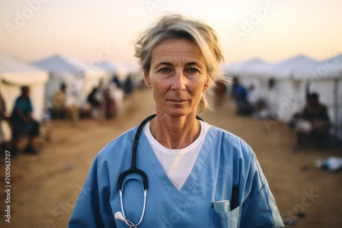 Portrait of a senior female doctor with stethoscope in front of the tent photo