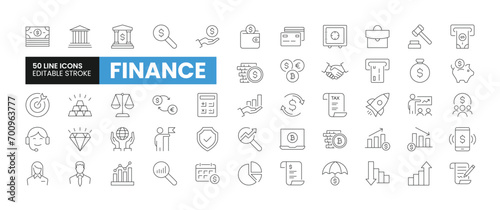 Set of 50 Finance line icons set. Finance outline icons with editable stroke collection. Includes Money, Bank, Savings, Global Business, Tax, and More.