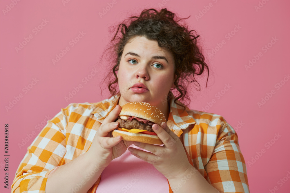 Very fat girl on pink background with fast food in her hands, the harm of food Very fat girl on pink background with fast food in her hands, the harm of food