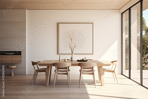 A modern classic minimalist dining room featuring a sleek wooden table, Eames-style chairs, and a minimalist artwork adorning the wall.