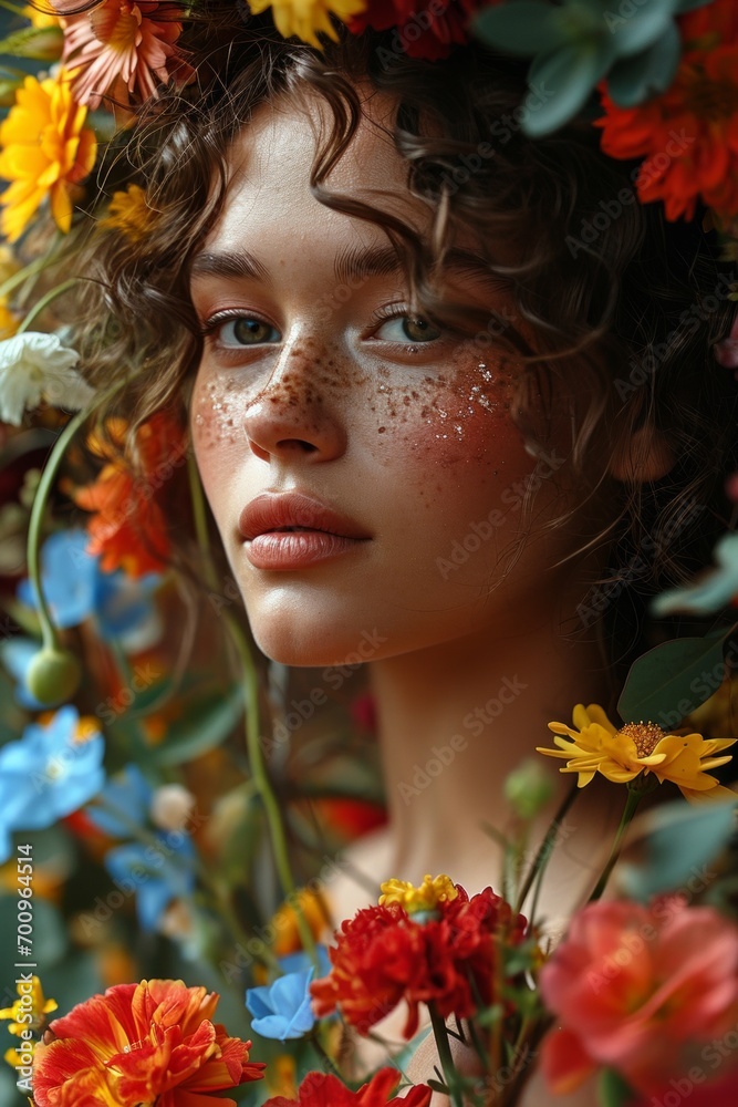 Woman with Freckles Surrounded by Flowers