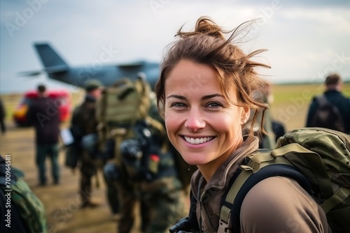 Portrait of a beautiful woman in front of an airplane at the airfield