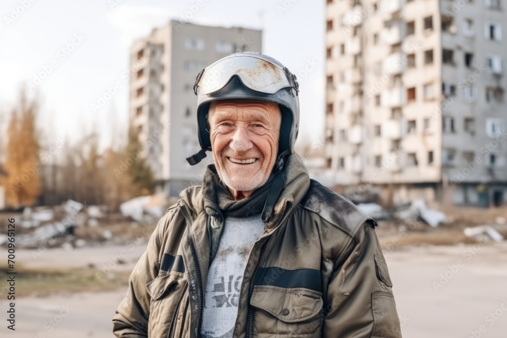 Portrait of an elderly motorcyclist on the background of a destroyed building