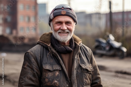Portrait of an old man with a gray beard in a cap and jacket on the street © Nerea