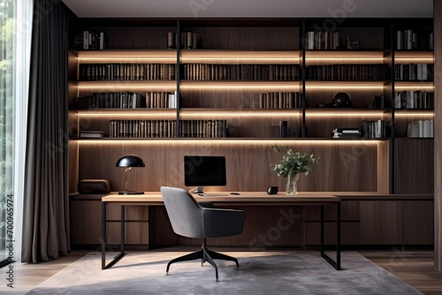 A modern classic minimalist study room with a sleek desk, a comfortable chair, and built-in bookshelves showcasing a curated collection of books.