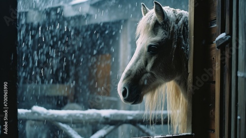 A depiction of a horse looking out from its stable, watching the snowfall outside.