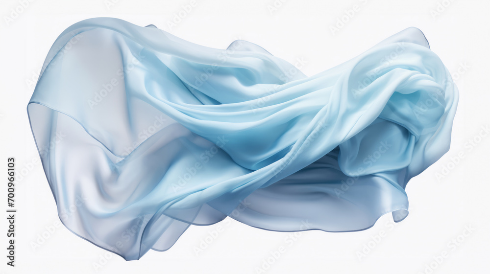 Blue cloth that is floating and hiding something unknown underneath. Fabric isolated on white background. 