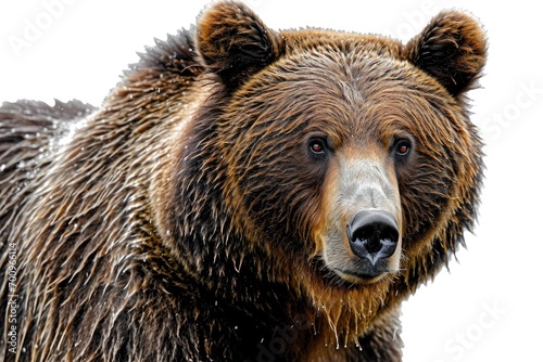 A close up view of a brown bear with wet fur. This image can be used to depict wildlife, nature, or animal themes