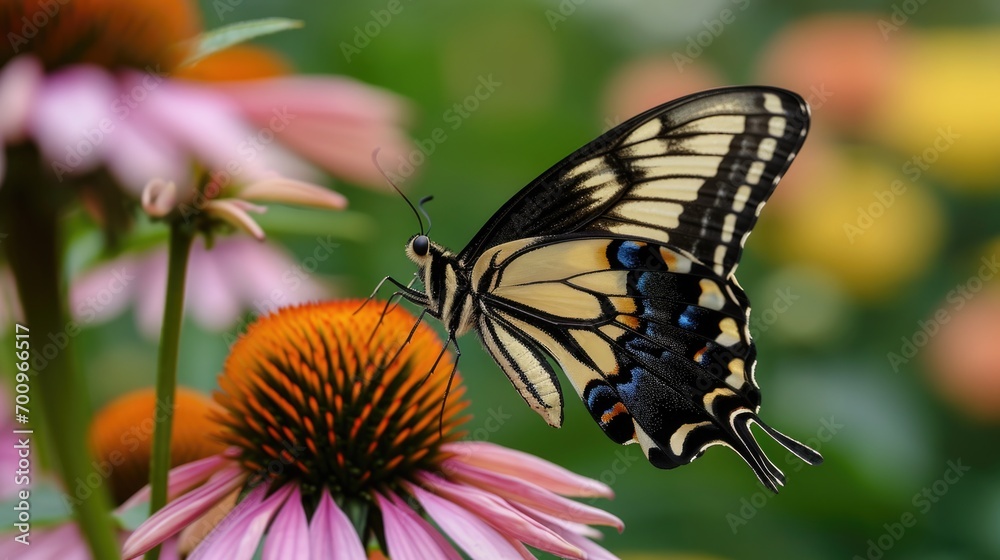 Fototapeta premium A butterfly gracefully perched on top of a vibrant purple flower. Perfect for nature enthusiasts and floral-themed designs