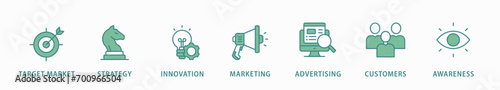 Brand banner web icon vector illustration concept with icon of target market, strategy, innovation, marketing, advertising, customers, and awareness
