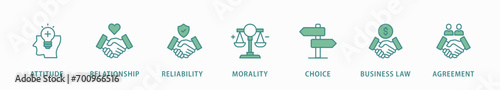 Business ethics banner web icon vector illustration concept with icon of attitude, relationship, reliability, morality, choice, business law and agreement