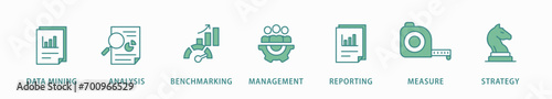 Business intelligence banner web icon vector illustration concept with icon of data mining, analysis, benchmarking, management, reporting, measure, and strategy