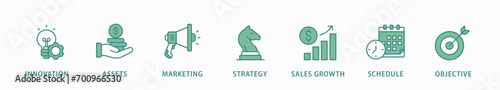 Business plan  banner web icon vector illustration concept with icon of innovation, assets, marketing, strategy, sales growth, schedule, and objective