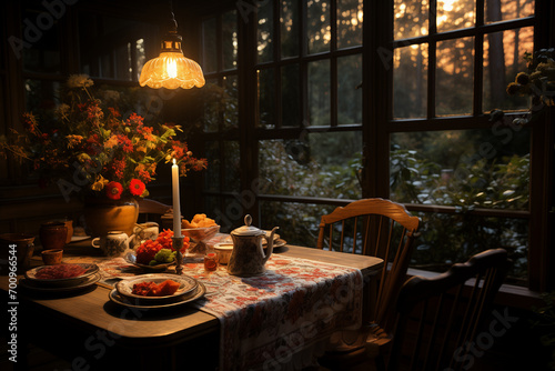 Family food dinner set at night on wooden table with dim lights in small kitchen.