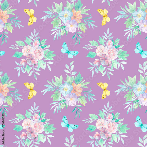 Seamless floral pattern with flowers and leaves  watercolor illustration. Template design for wrapping paper  textiles  wallpaper  interior  clothes  postcards.