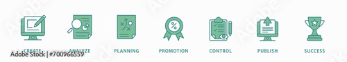 Content strategy banner web icon vector illustration concept with icon of create, analyze, planning, promotion, control, publish and success