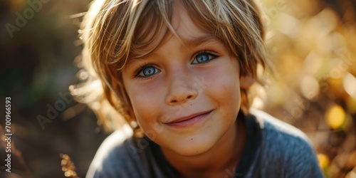 A young boy with blue eyes is captured in a genuine smile. Perfect for showcasing happiness and innocence. © Fotograf