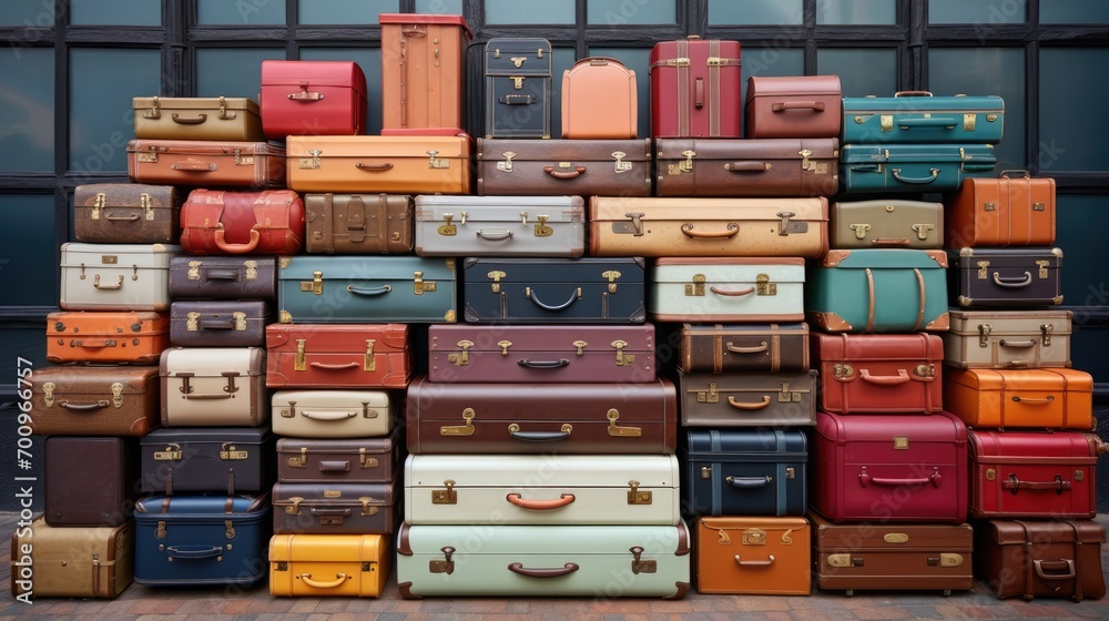 Old suitcases of different sizes and colors, stacked. Selective focus.