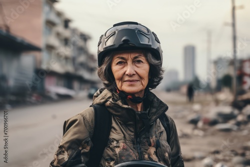 Elderly woman in helmet on the streets of the city. © Nerea