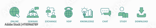 E-learning banner web icon vector illustration concept with icon of online, seminar, exchange, voip, knowledge, chat, study and download