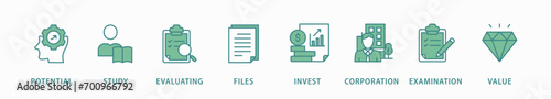 Due diligence banner web icon vector illustration concept with icon of potential, study, evaluating, files, invest, corporation, examination and value