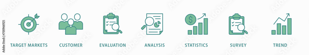 Market research banner web icon vector illustration concept with icon of target markets, customer, evaluation, analysis, statistics, survey and trend Market research banner web icon vector illustration concept with icon of target markets, customer, evaluation, analysis, statistics, survey and trend