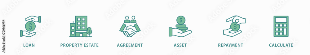 Obraz premium Mortgage banner web icon vector illustration concept with icon of loan, property estate, agreement, asset, repayment and calculate