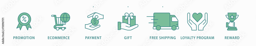 Shopping banner web icon vector illustration concept with icon of promotion, ecommerce, payment, gift, price, free shipping, loyalty, reward Shopping banner web icon vector illustration concept with icon of promotion, ecommerce, payment, gift, price, free shipping, loyalty, reward
