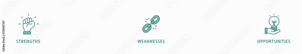 SWOT banner web icon vector illustration concept for strengths, weaknesses, threats, and opportunities analysis with an icon of value, goal, break chain, low battery, growth, check, minus, and crisis SWOT banner web icon vector illustration concept for strengths, weaknesses, threats, and opportunities analysis with an icon of value, goal, break chain, low battery, growth, check, minus, and crisis